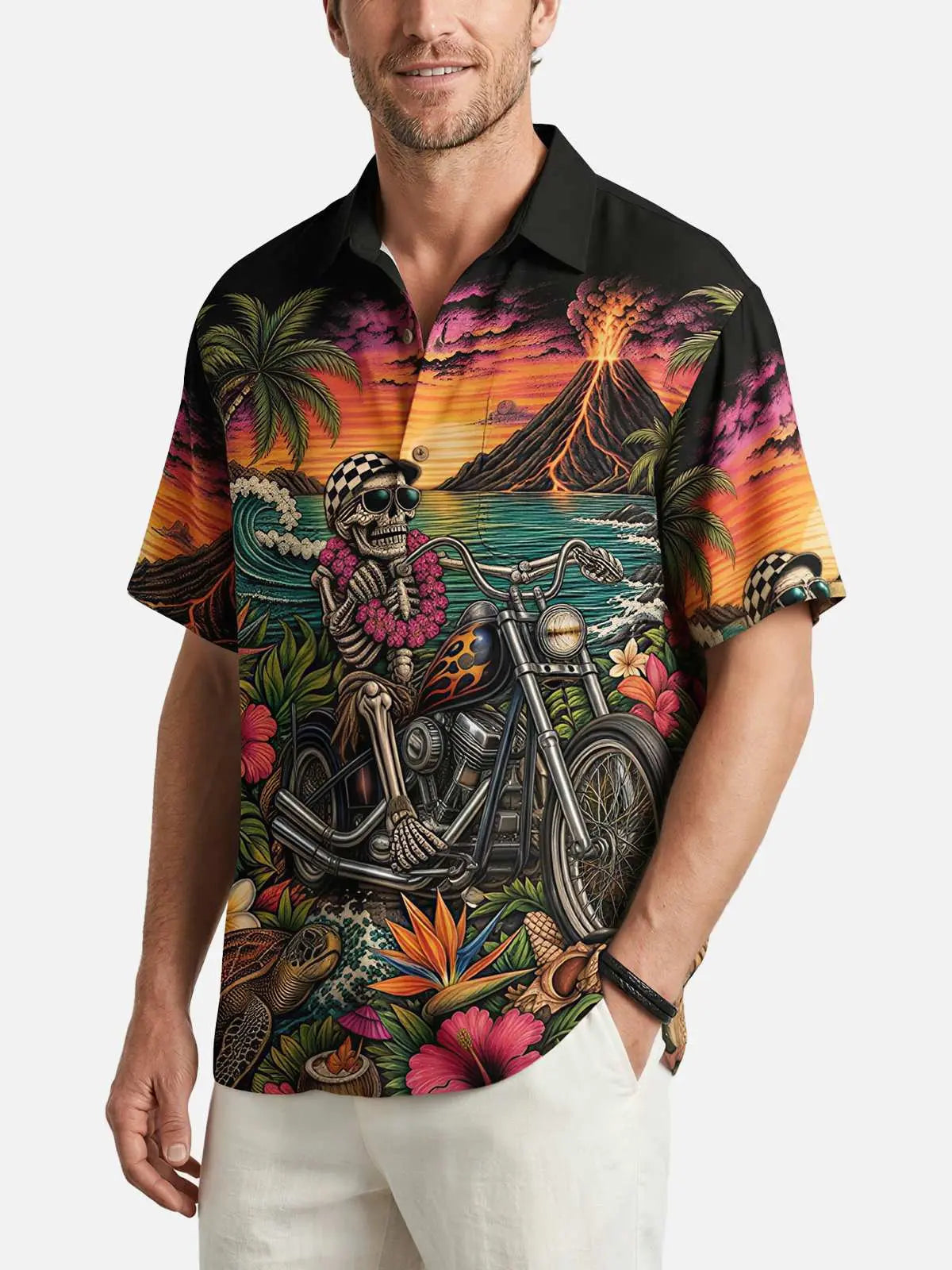 Men's Tropical Skull Biker Short Sleeve Shirt Eleven Oasis