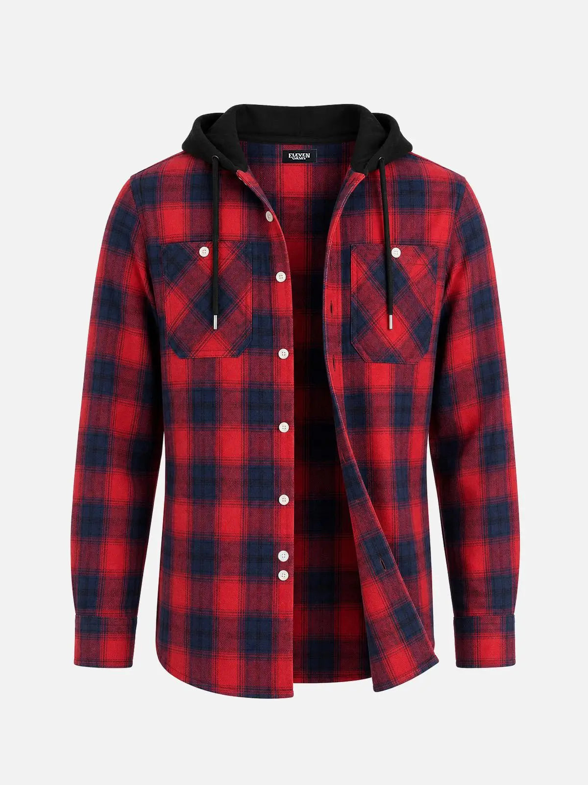Men's Hooded Plaid Double Pocket Long Sleeve Shirt Eleven Oasis