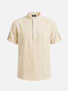Men's Linen-Look Mandarin Collar Short Sleeve Shirt Eleven Oasis