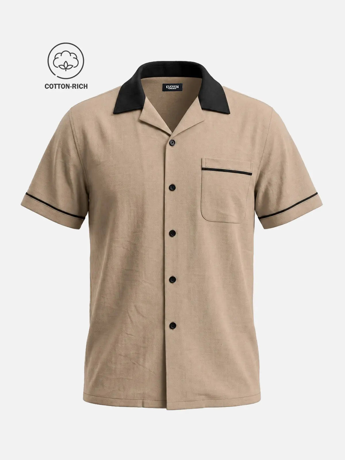 Men's Cotton Retro Piped Camp Collar Short Sleeve Shirt Eleven Oasis
