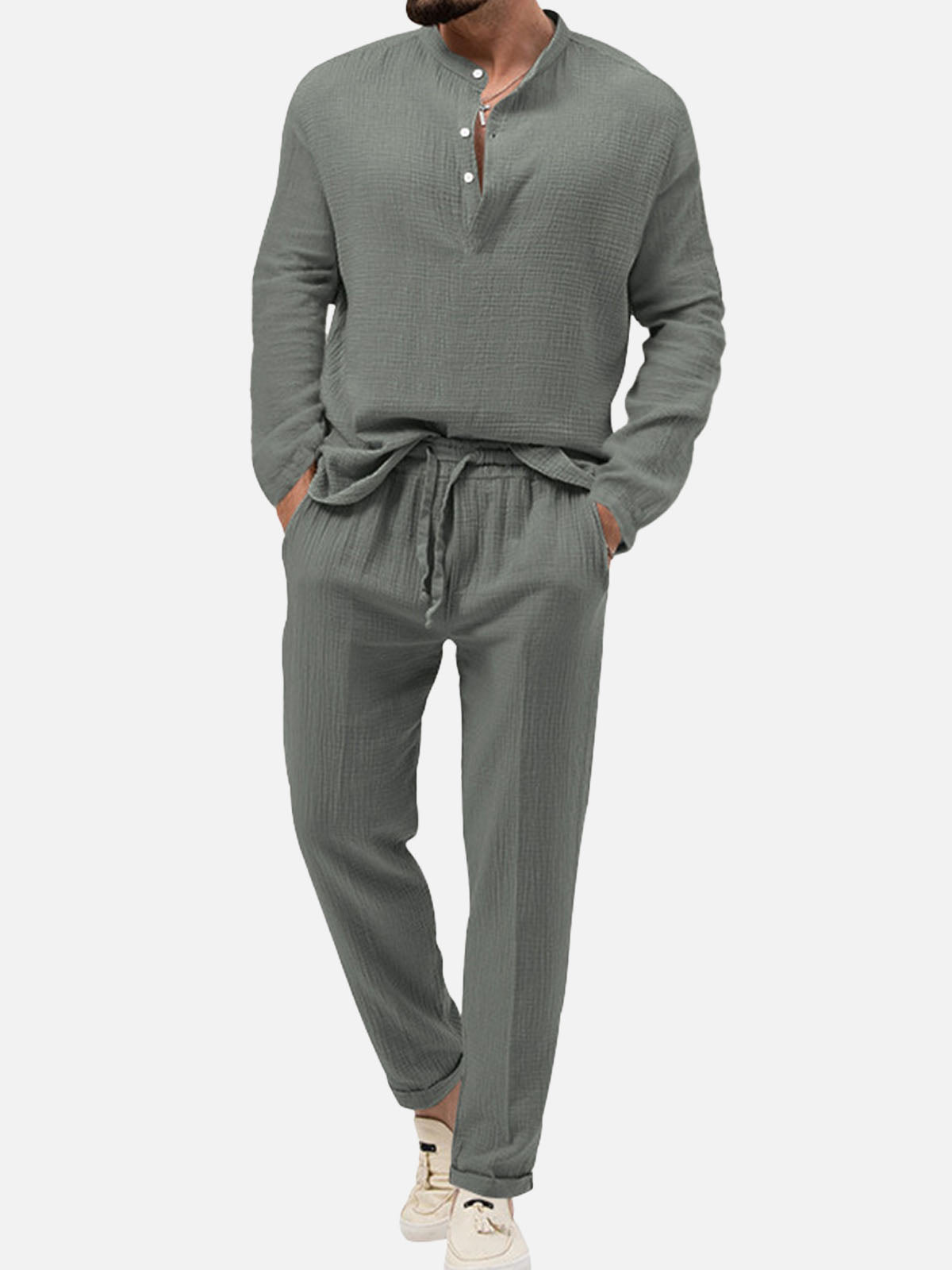 Men's Solid Color Stand Up Collar Long Sleeve Elastic Waist Set Casual Loungewear Eleven Oasis