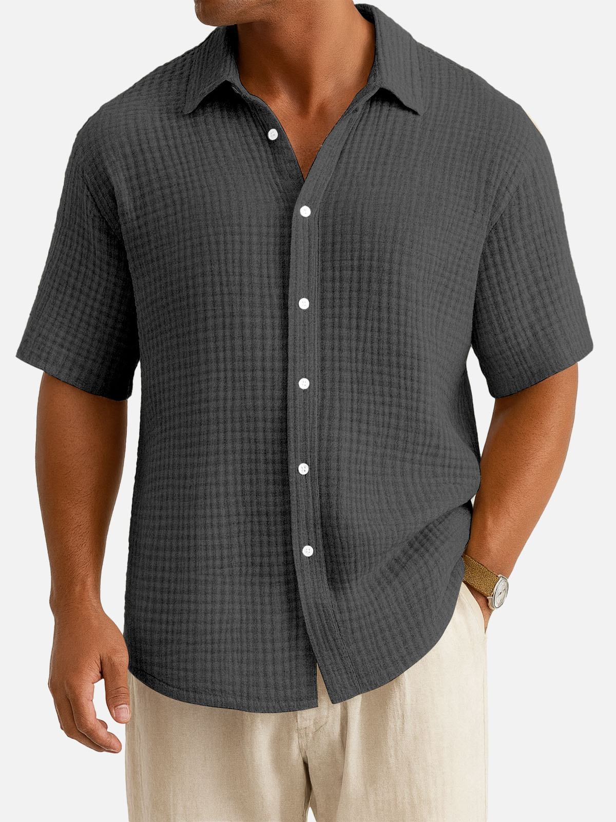 Men¡®s Cotton Waffle Texture Short Sleeve Shirt Eleven Oasis
