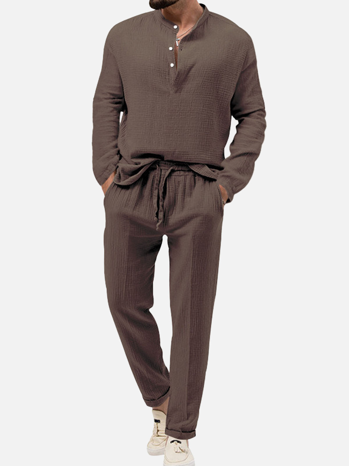 Men's Solid Color Stand Up Collar Long Sleeve Elastic Waist Set Casual Loungewear Eleven Oasis