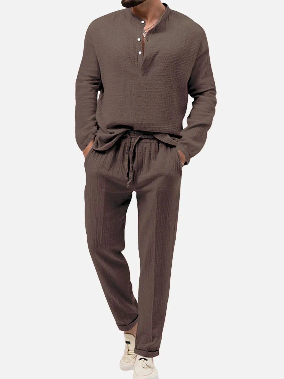 Men's Linen-Look Henley Loungewear Set ElevenOasis