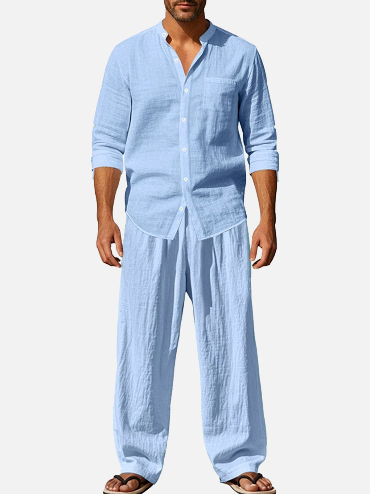 Men’s Solid Color Linen Long Sleeve Elastic Waist Wide Leg Set Vacation Slow Living Linen Ensemble Eleven Oasis