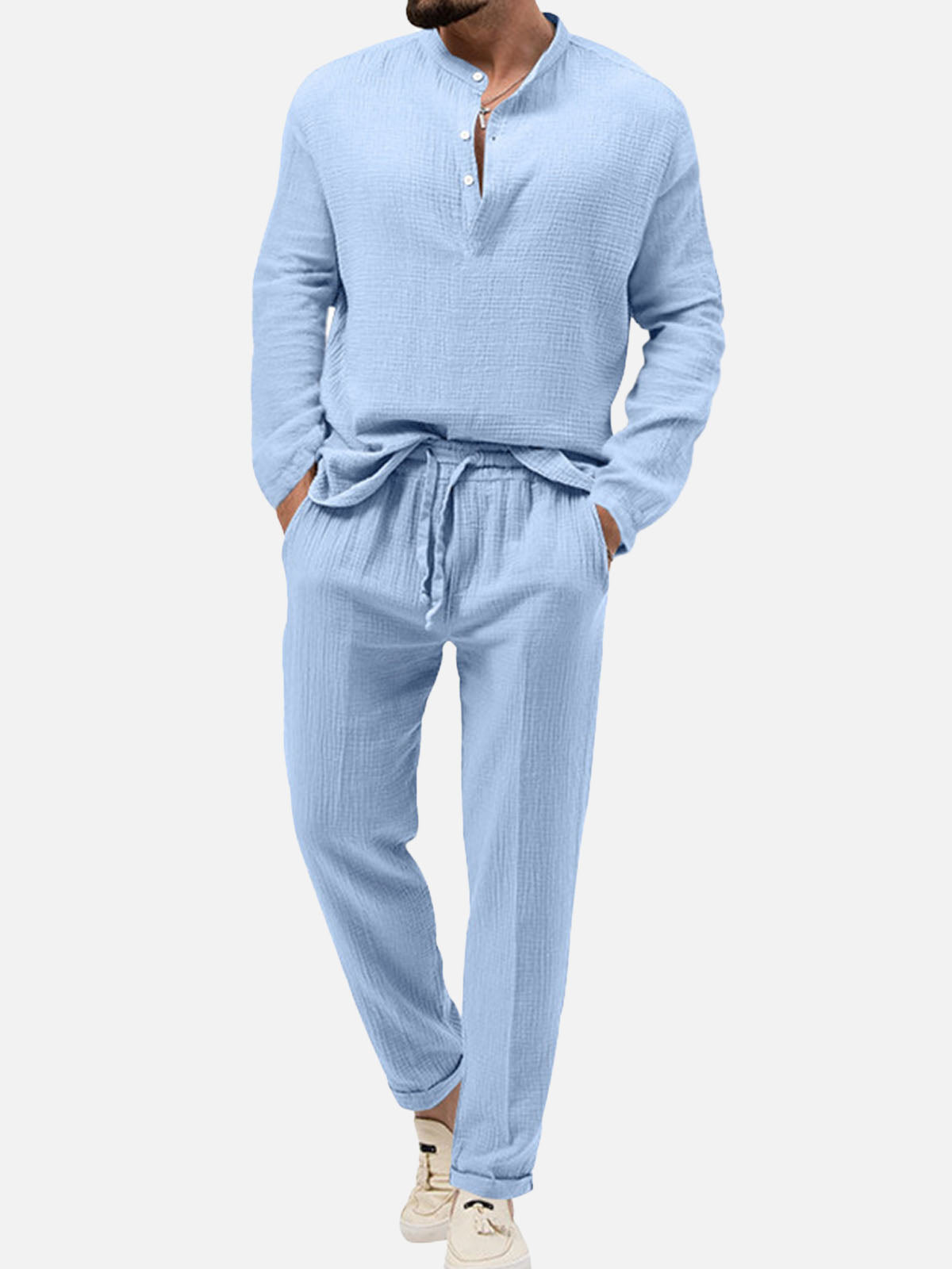 Men's Solid Color Stand Up Collar Long Sleeve Elastic Waist Set Casual Loungewear Eleven Oasis