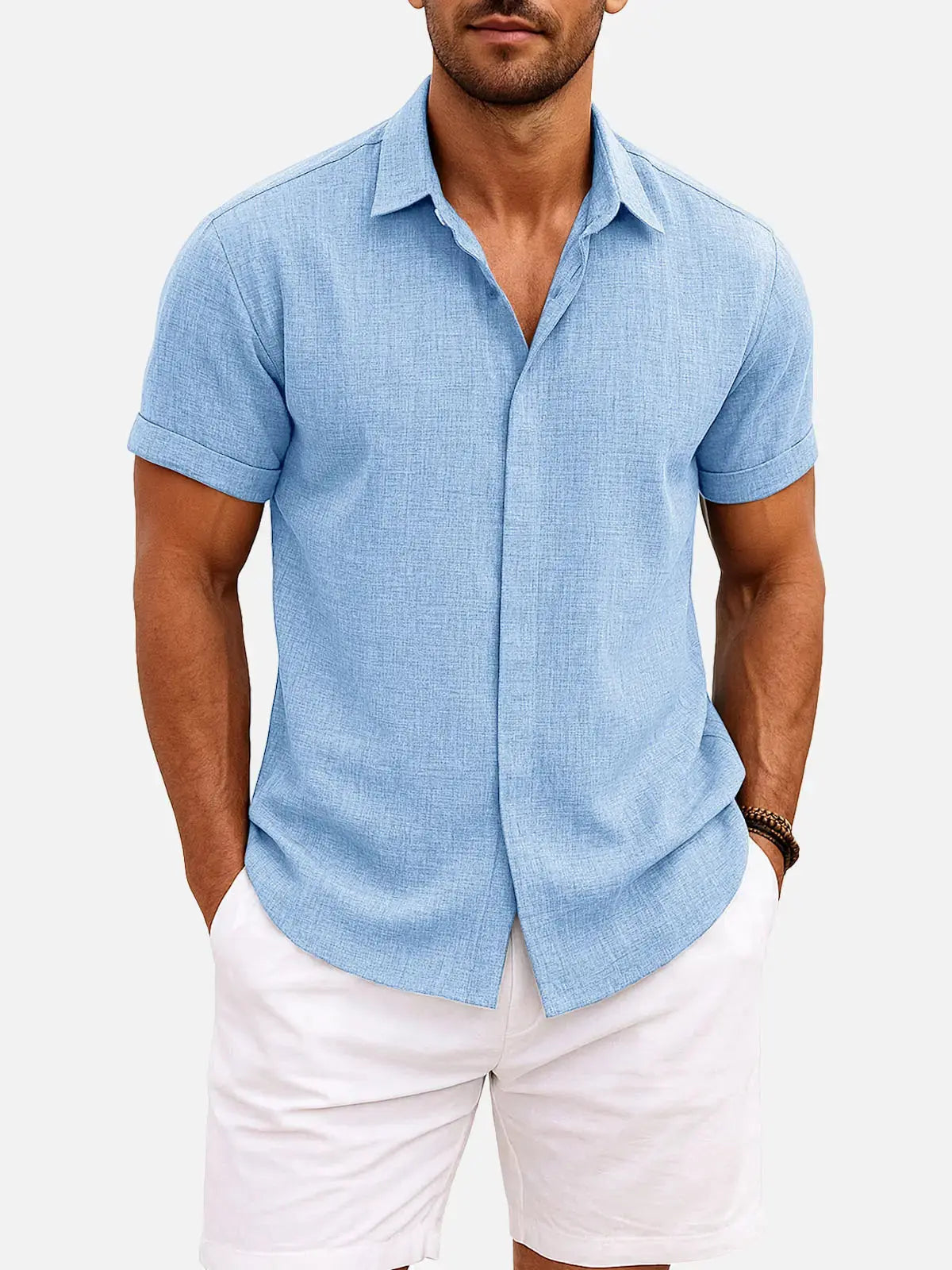 Men's Linen Cotton Blend Short Sleeve Shirt, Blue / 2XL / Linen Blend