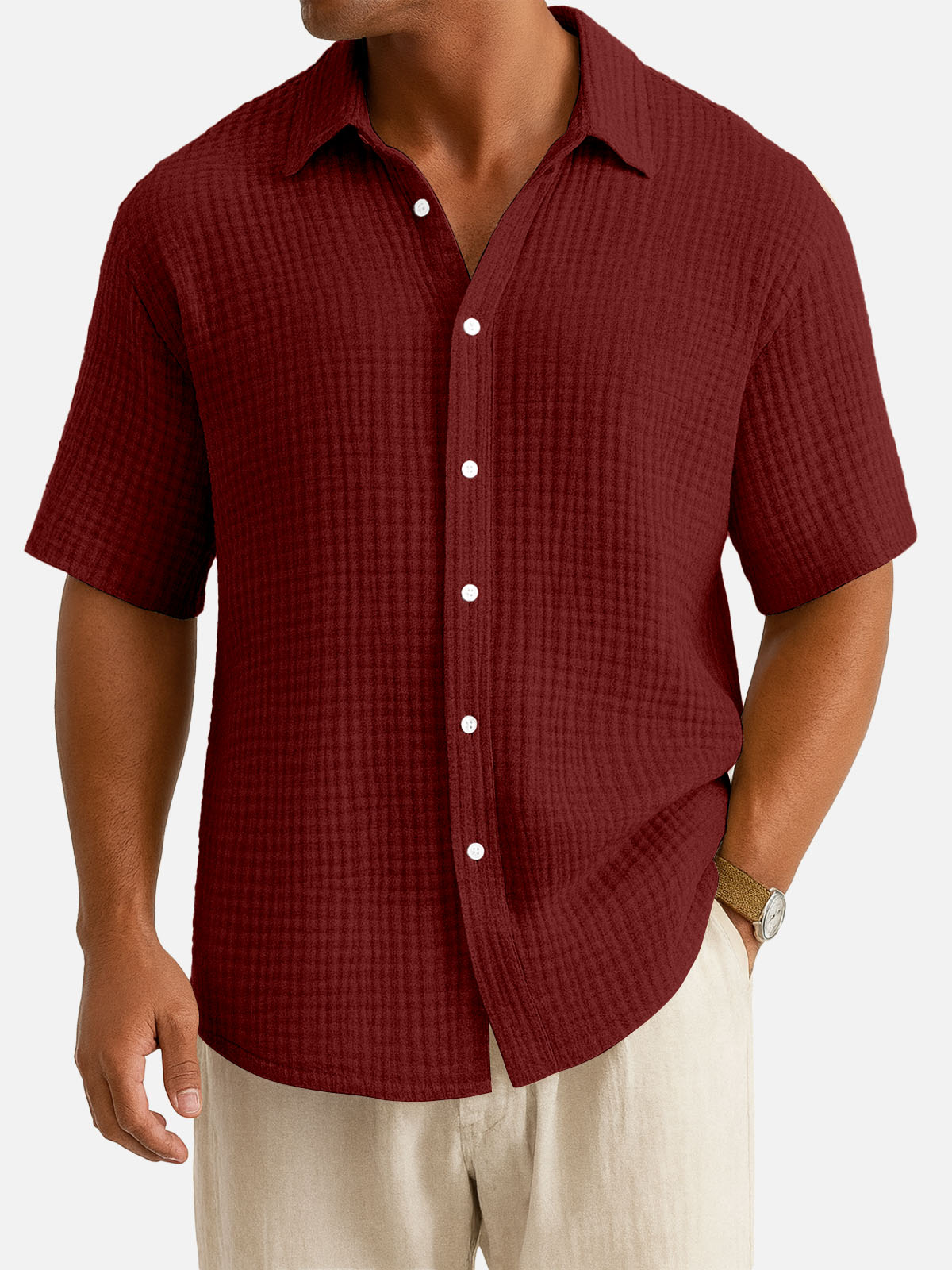 Men¡®s Cotton Waffle Texture Short Sleeve Shirt Eleven Oasis