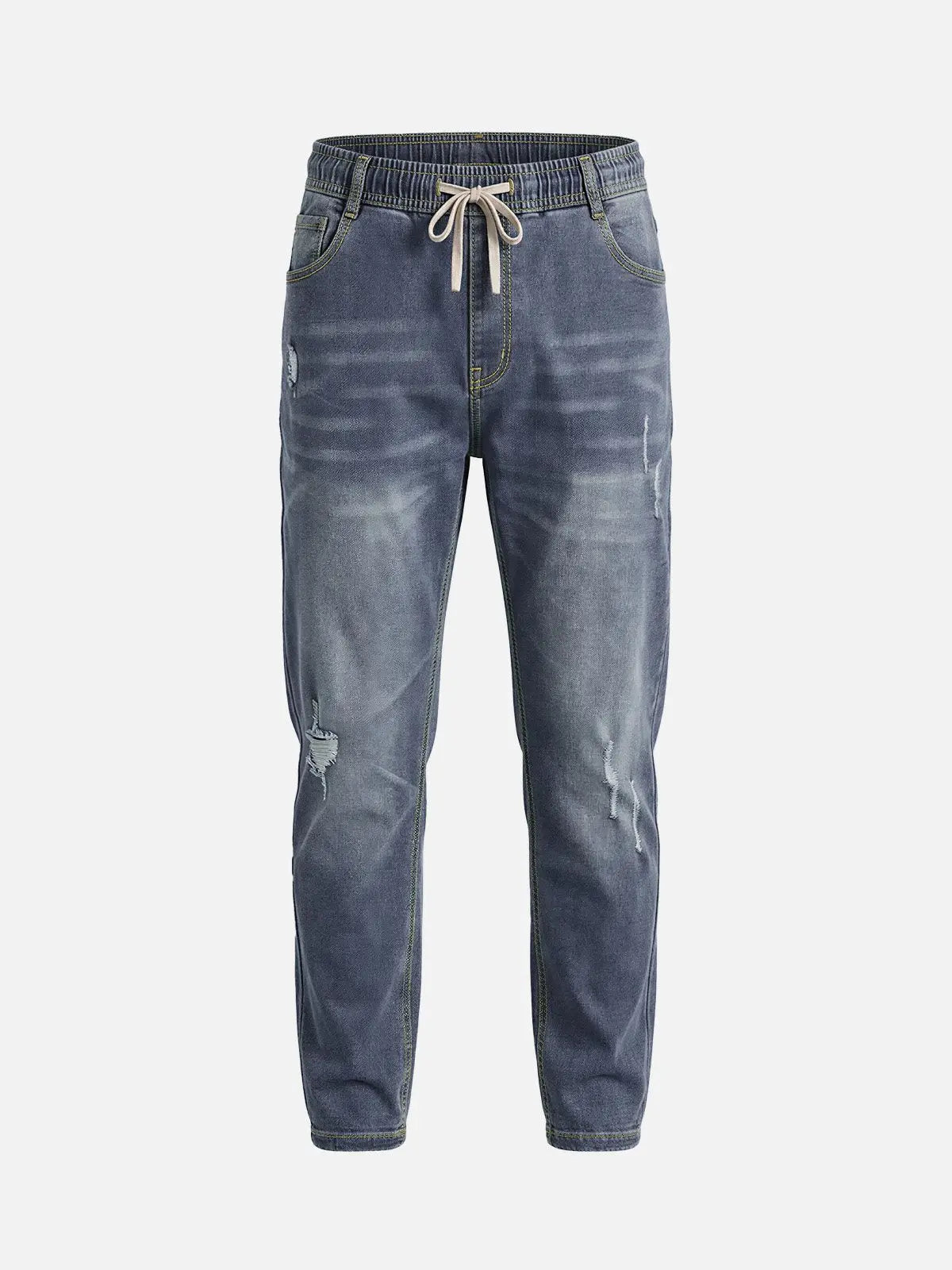 Men's Distressed Wash Drawstring Tapered Denim Pants ElevenOasis