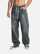 Men's Washed Distressed Denim Drawstring Tapered Pants Eleven Oasis