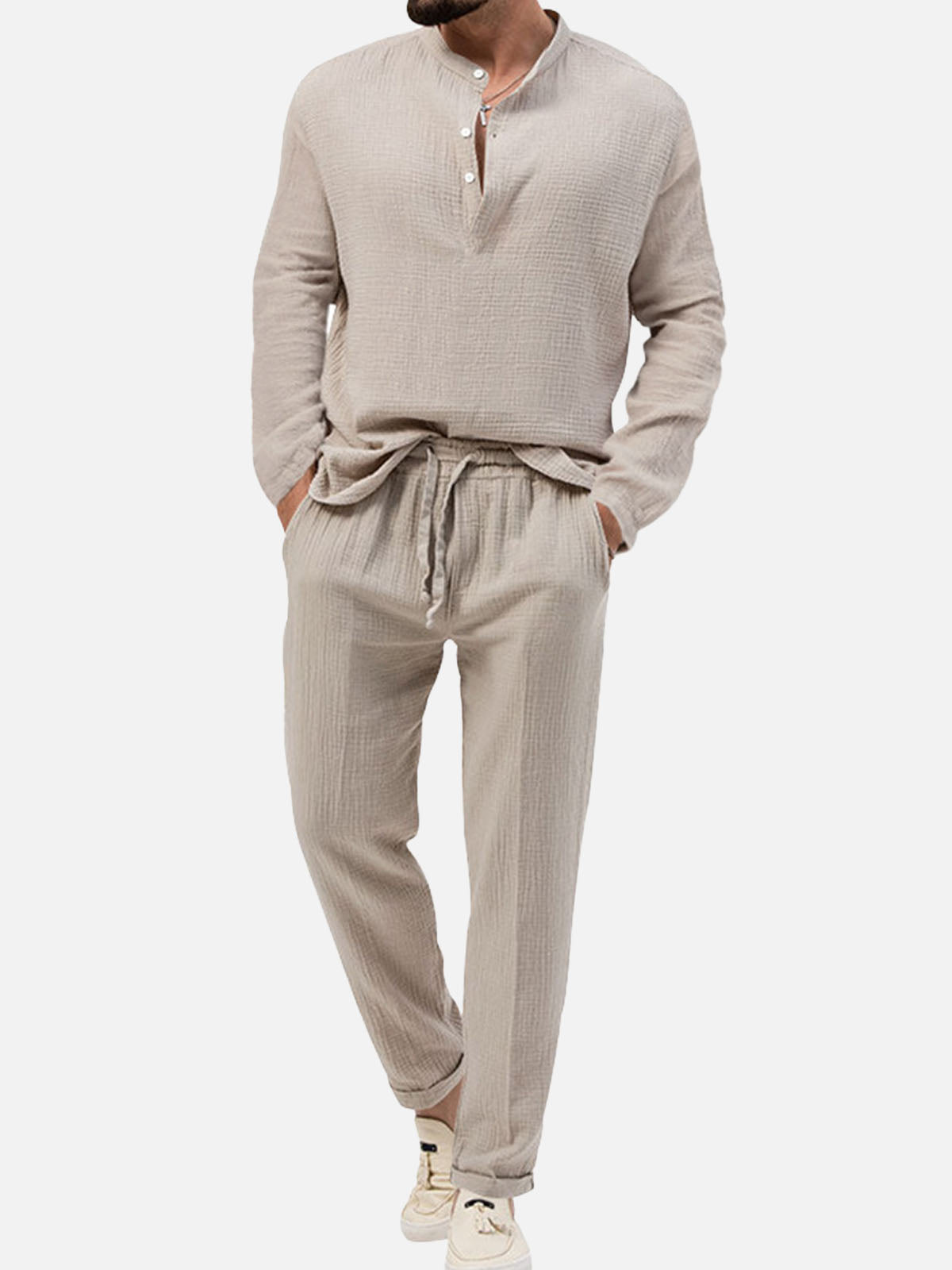 Men's Solid Color Stand Up Collar Long Sleeve Elastic Waist Set Casual Loungewear Eleven Oasis