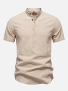 Men's Cotton Linen Band Collar Short Sleeve Shirt ElevenOasis