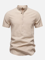 Men's Cotton Linen Band Collar Short Sleeve Shirt Eleven Oasis