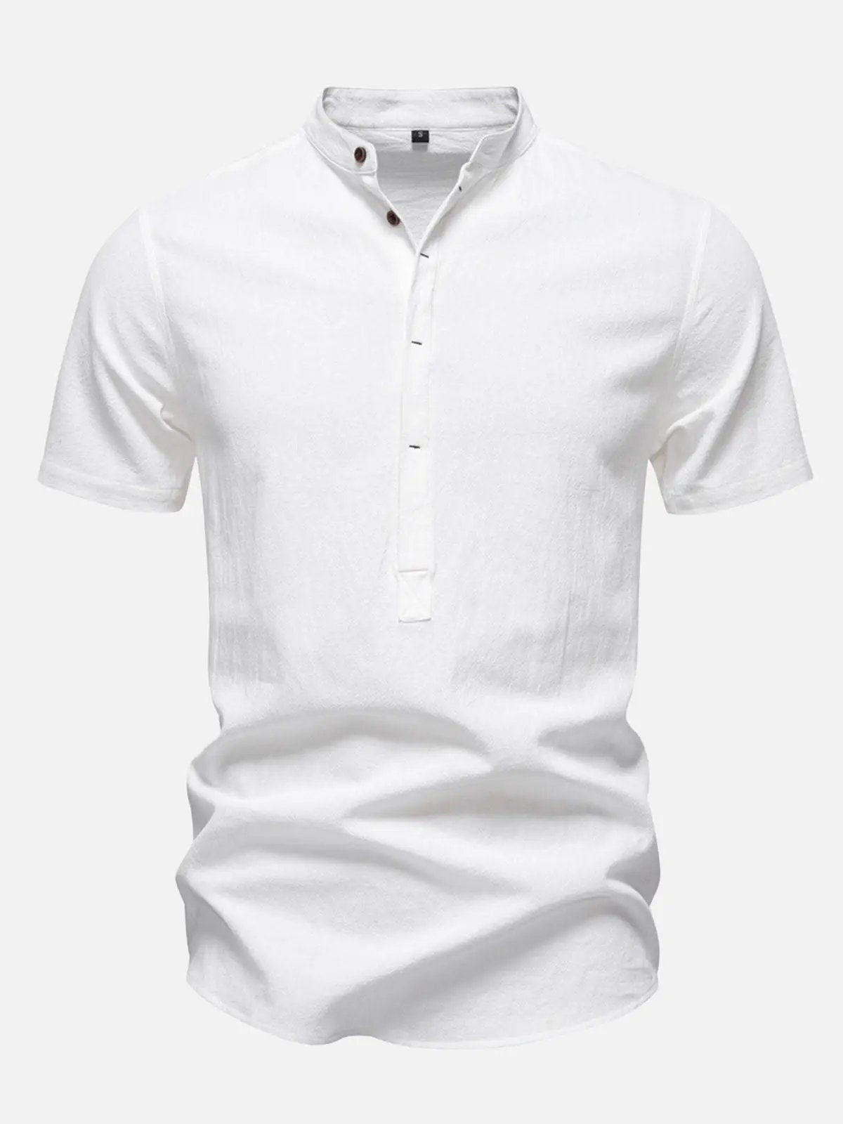 Men's Cotton Linen Band Collar Short Sleeve Shirt ElevenOasis