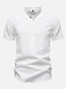 Men's Cotton Linen Band Collar Short Sleeve Shirt ElevenOasis
