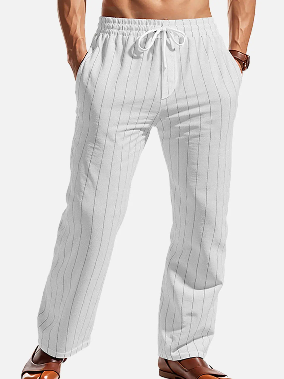 Men's Pinstripe Linen Blend Drawstring Pants ElevenOasis