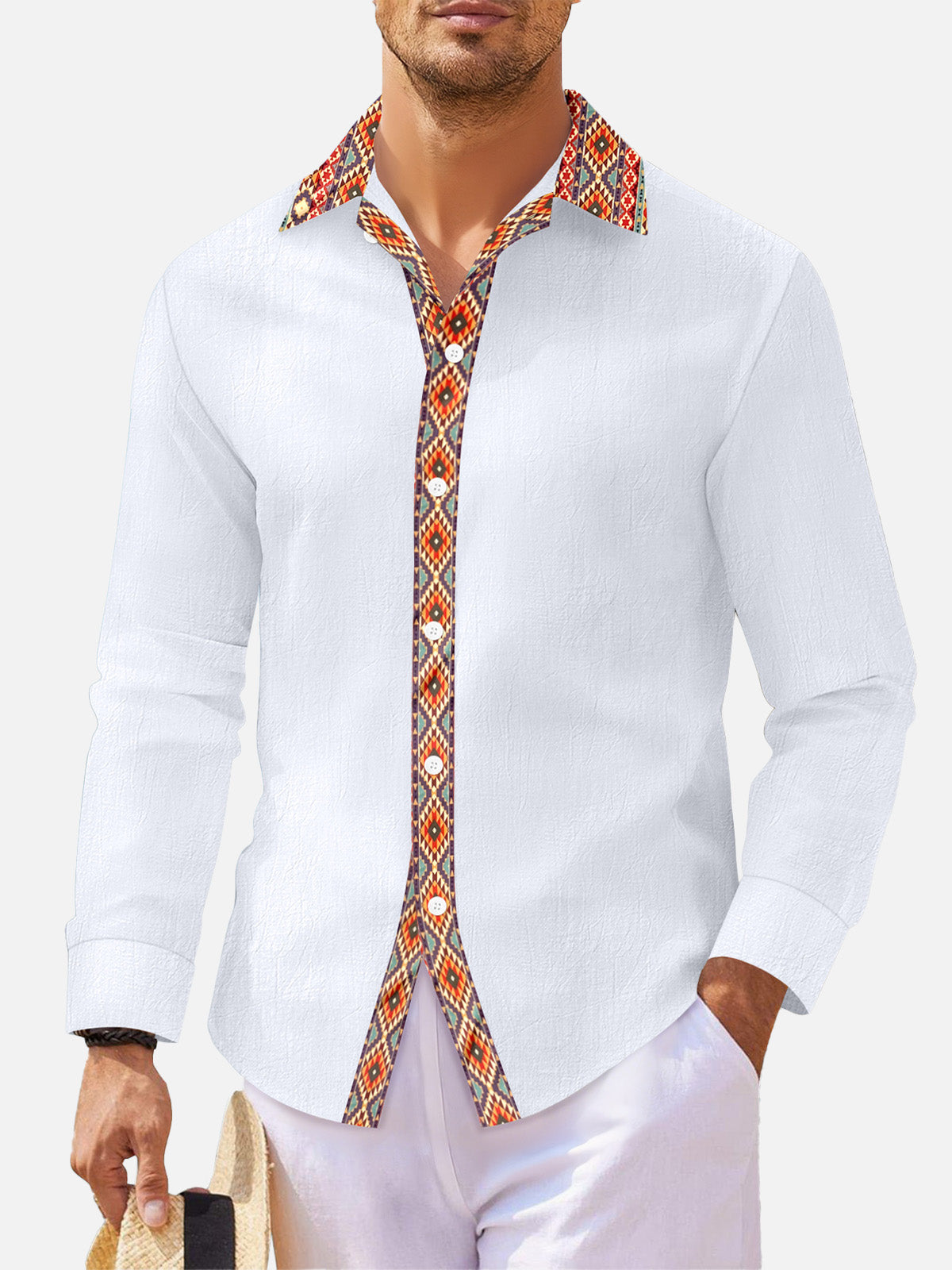 Men's Geometric Trim Linen Blend Long Sleeve Shirt Eleven Oasis