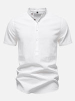 Men's Cotton Linen Band Collar Short Sleeve Shirt Eleven Oasis