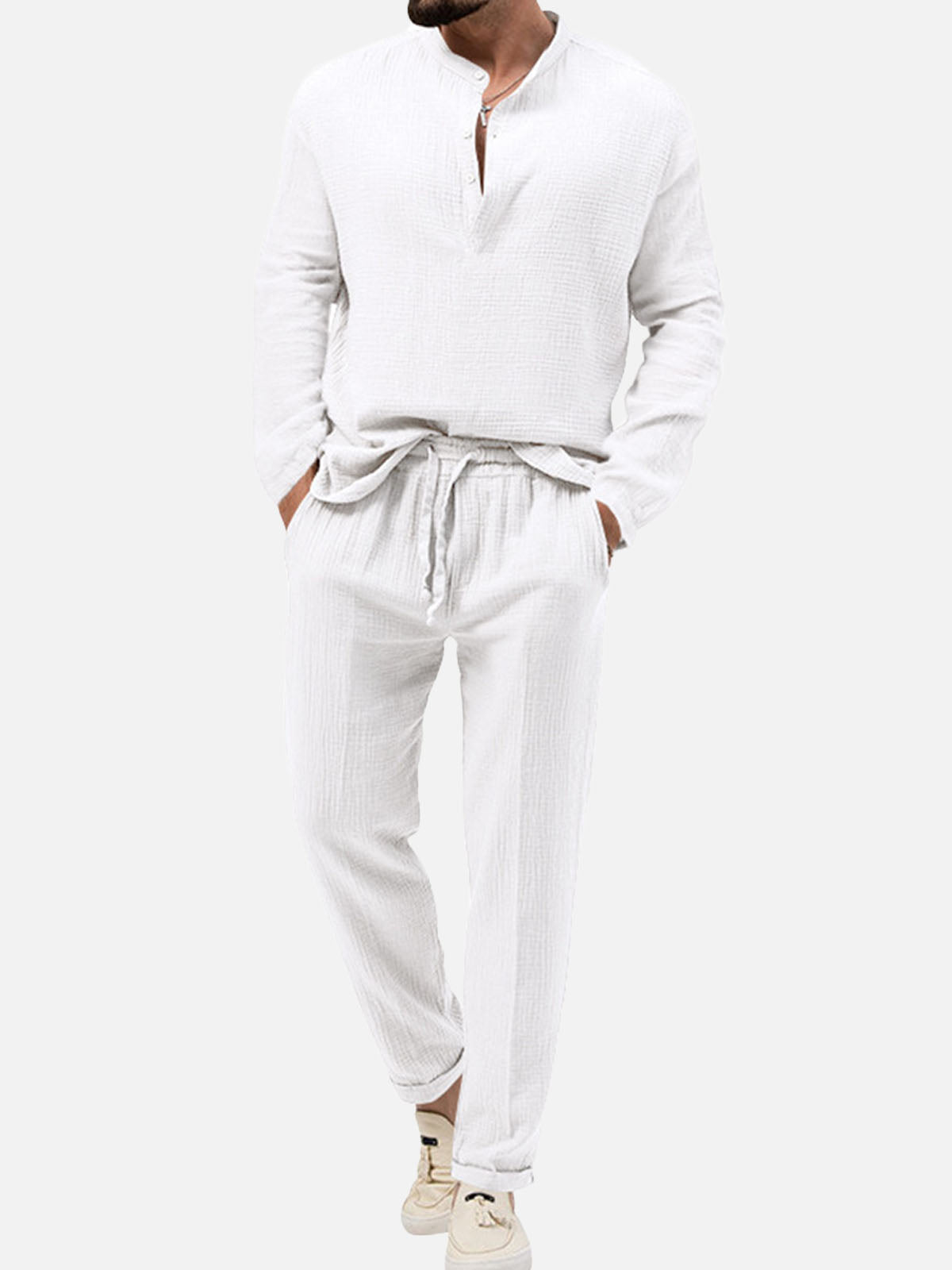 Men's Solid Color Stand Up Collar Long Sleeve Elastic Waist Set Casual Loungewear Eleven Oasis