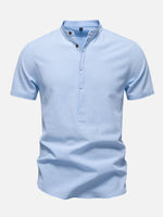 Men's Cotton Linen Band Collar Short Sleeve Shirt Eleven Oasis