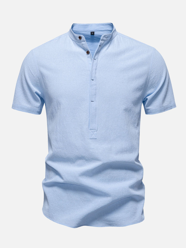 Men's Solid Color Cotton Linen Stand Up Collar Short Sleeve Shirt Comfortable Everyday Wear Eleven Oasis