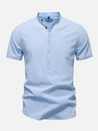 Men's Cotton Linen Band Collar Short Sleeve Shirt ElevenOasis