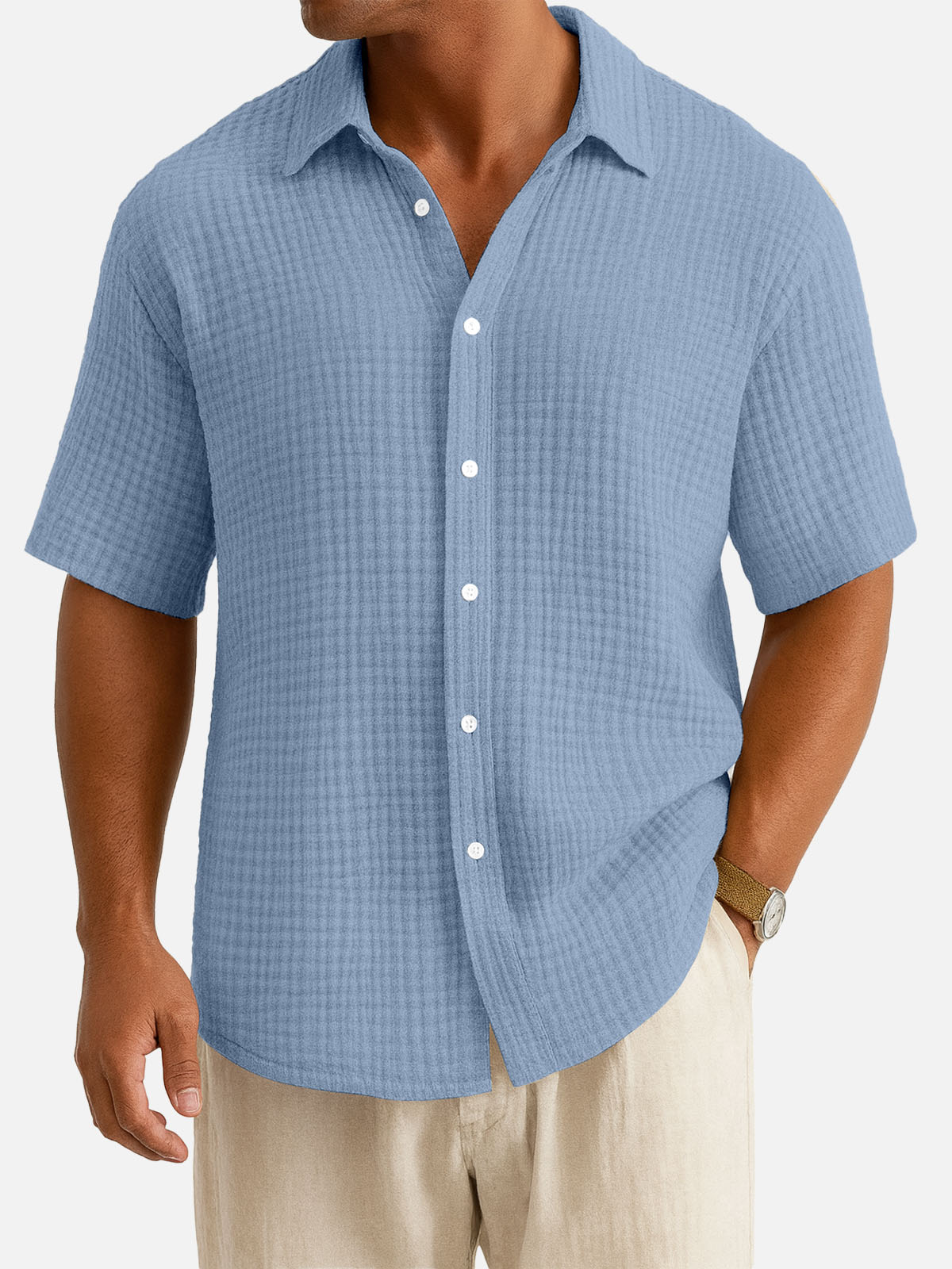 Men¡®s Cotton Waffle Texture Short Sleeve Shirt Eleven Oasis