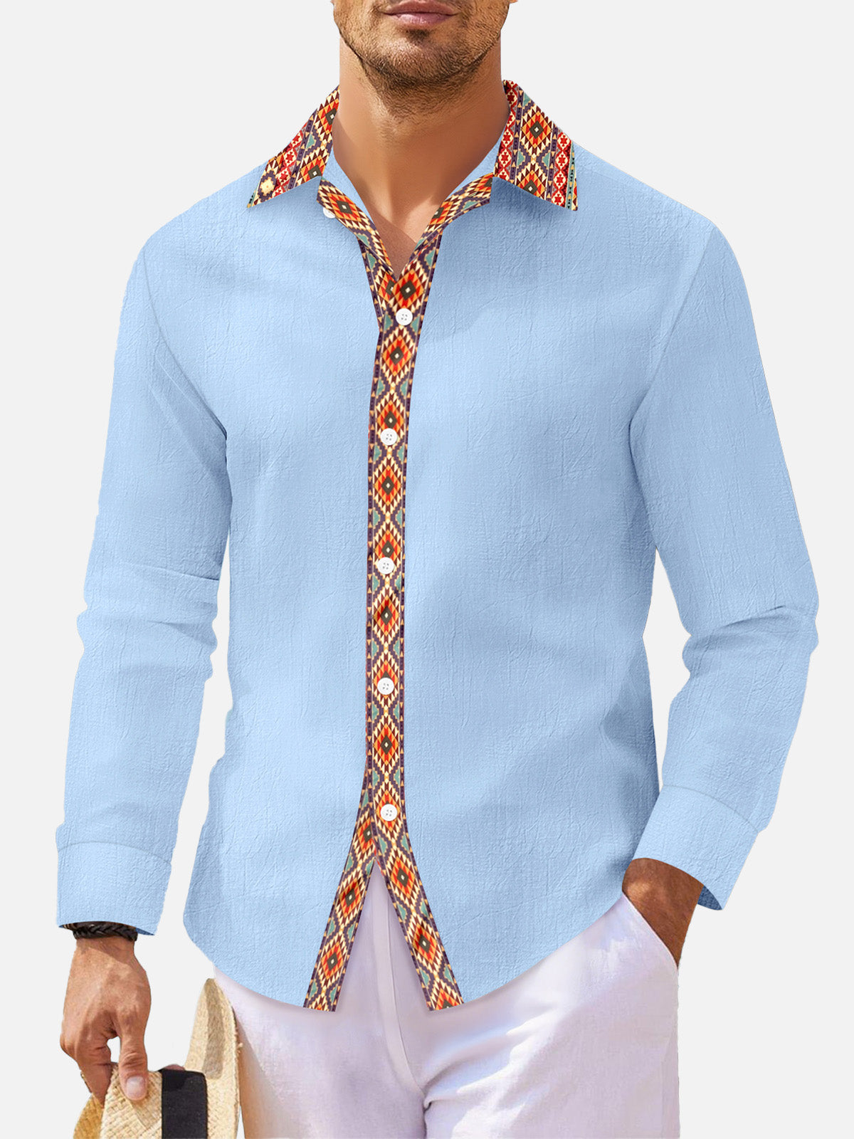 Men's Geometric Trim Linen Blend Long Sleeve Shirt Eleven Oasis