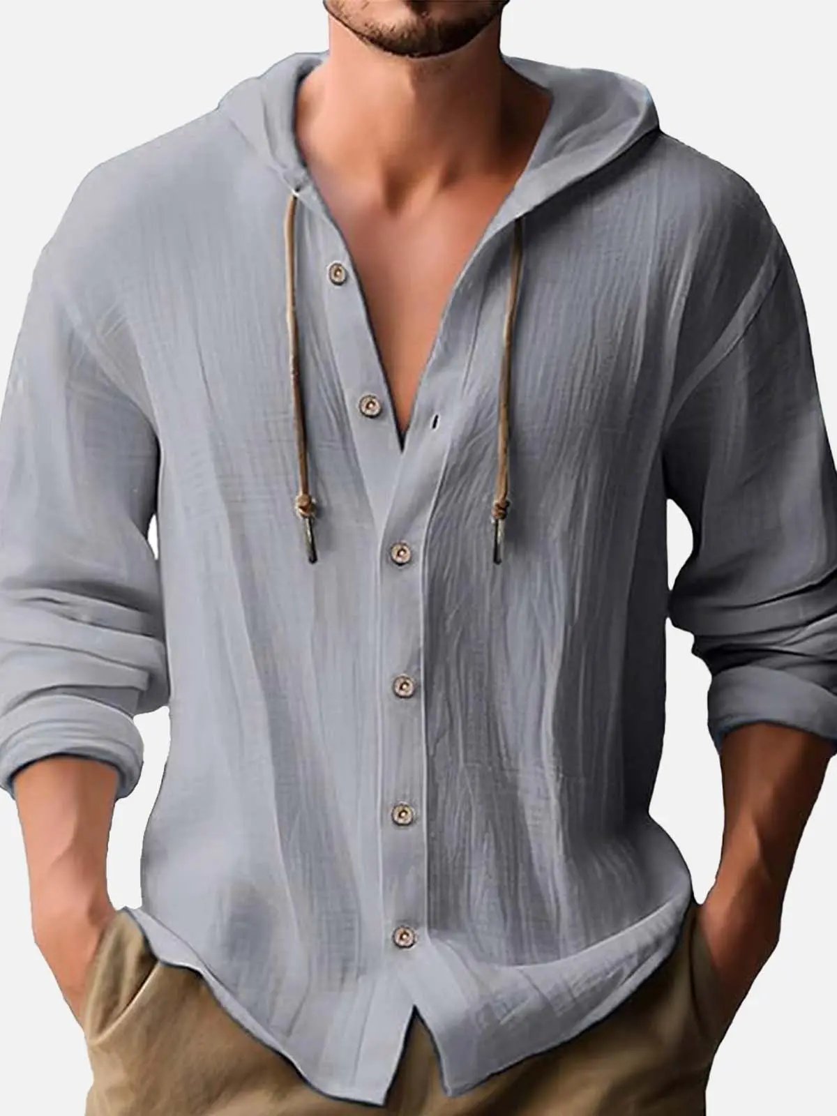 Men's Linen Blend Hooded Long Sleeve Shirt ElevenOasis