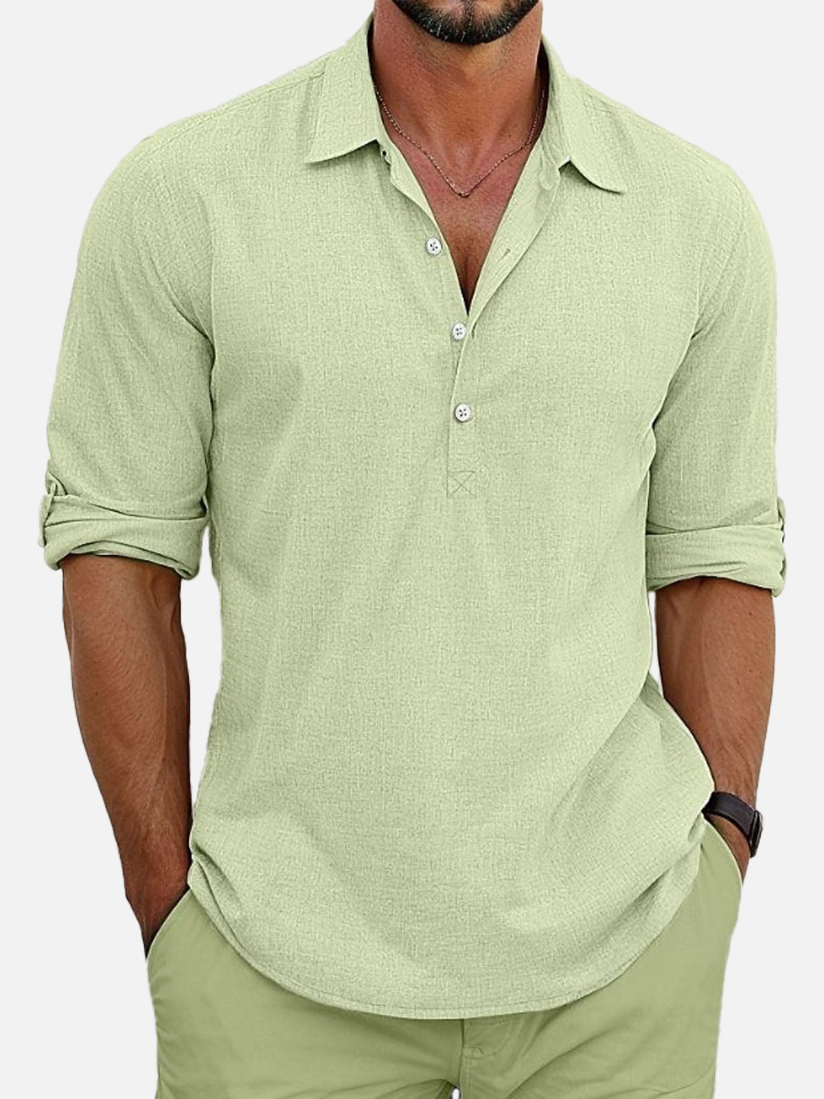 Men's Cotton Stand Collar Long Sleeve Popover Shirt Eleven Oasis