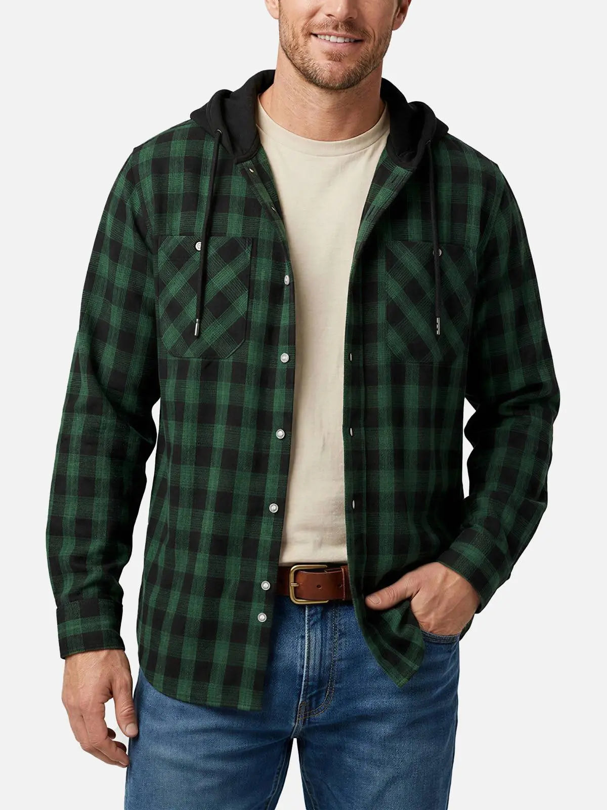 Men's Hooded Plaid Double Pocket Long Sleeve Shirt Eleven Oasis