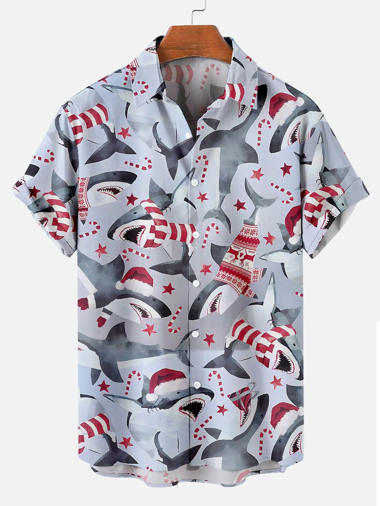 Christmas Shark Pattern Men's Short Sleeve ShirtMens short sleeve shirts Big and tall Mens shirts Short sleeve shirts for men Mens 4xl shirts Casual short sleeve shirts