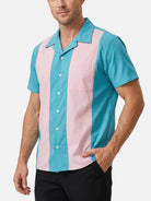 Men's Retro Light Blue and Pink Panel Bowling Short Sleeve Shirt Eleven Oasis