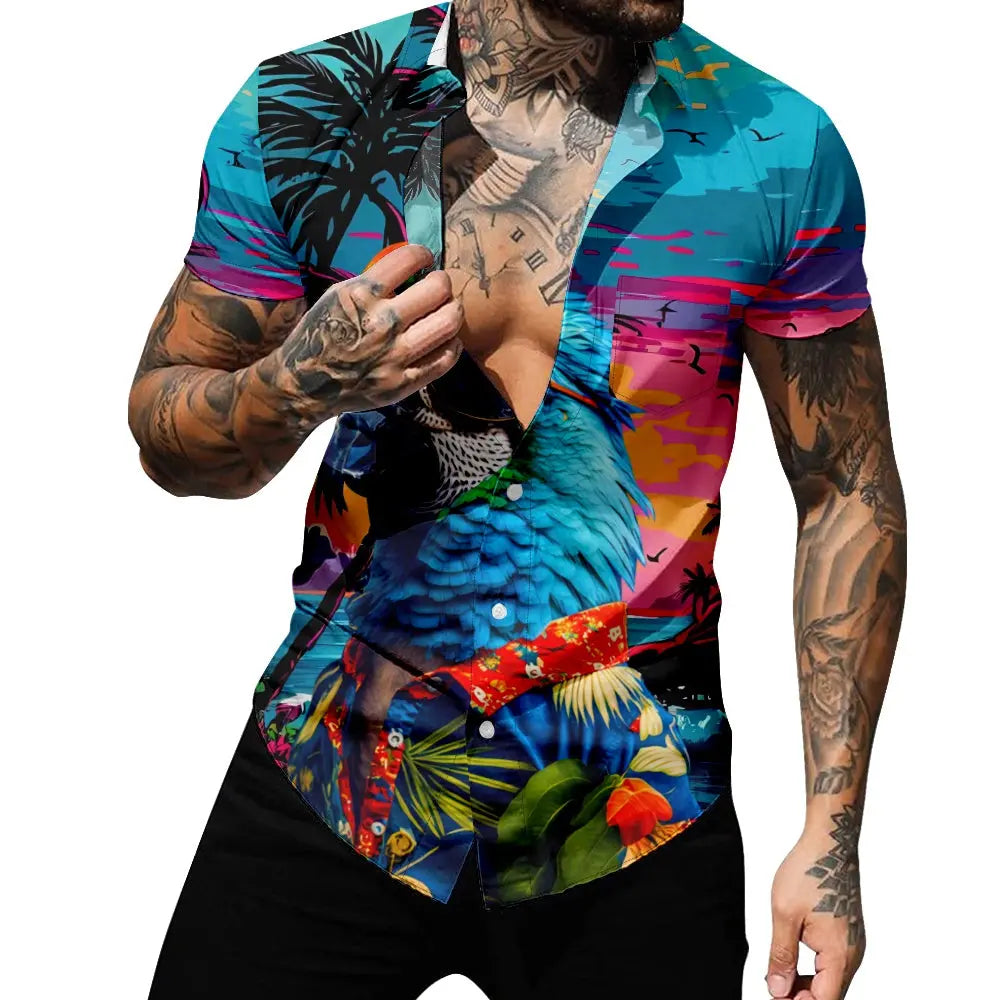 Men's Retro Parrot Palm Beach Vacation Vibes Short Sleeve ShirtMens short sleeve shirts Big and tall Mens shirts Short sleeve shirts for men Mens 4xl shirts Casual short sleeve shirts