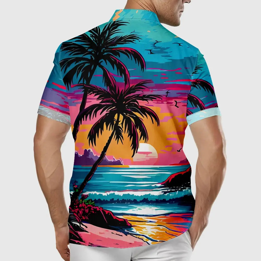 Men's Retro Parrot Palm Beach Vacation Vibes Short Sleeve ShirtMens short sleeve shirts Big and tall Mens shirts Short sleeve shirts for men Mens 4xl shirts Casual short sleeve shirts