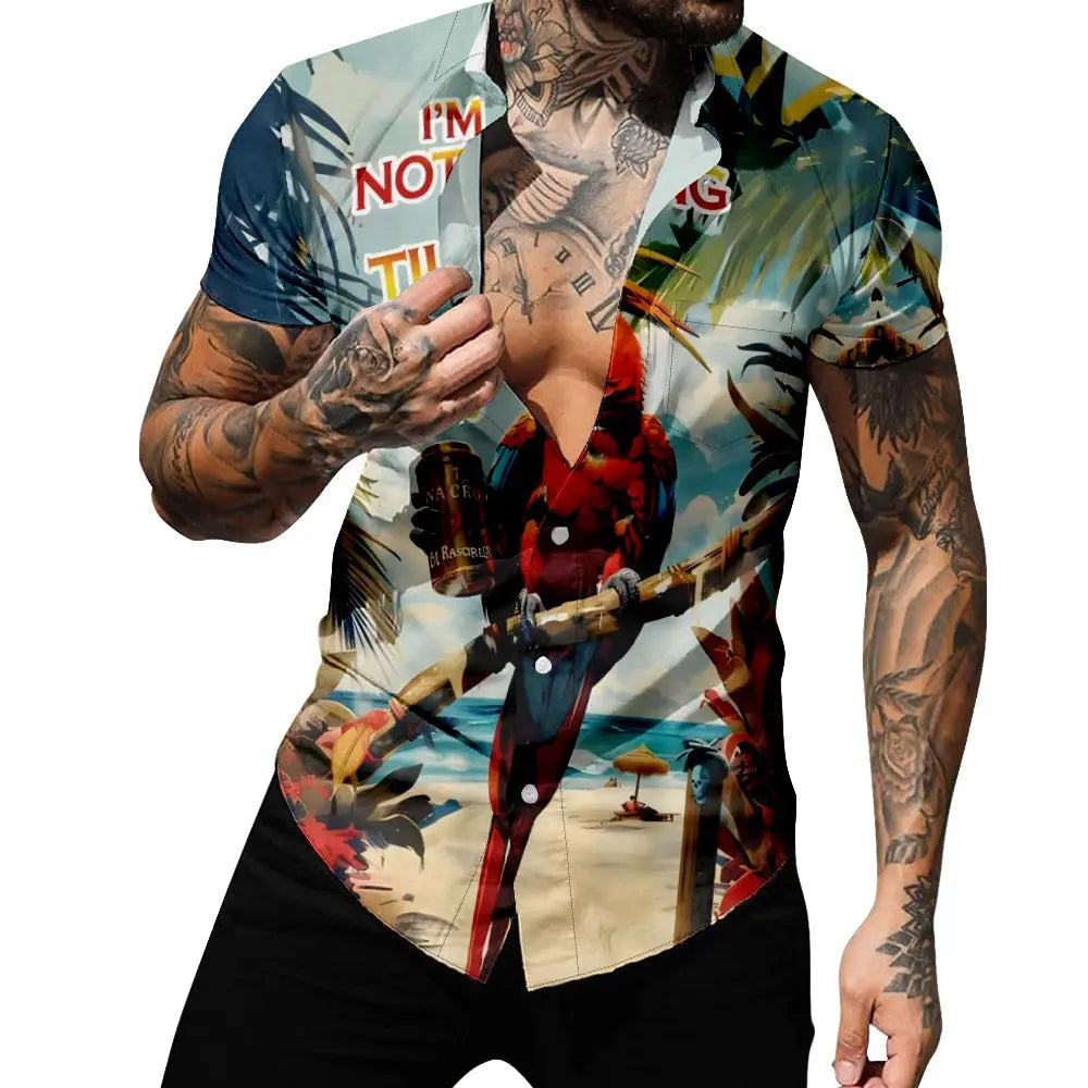 Men's Retro Pearched Parrot Vacation Palm Trees Drink Short Sleeve ShirtMens short sleeve shirts Big and tall Mens shirts Short sleeve shirts for men Mens 4xl shirts Casual short sleeve shirts