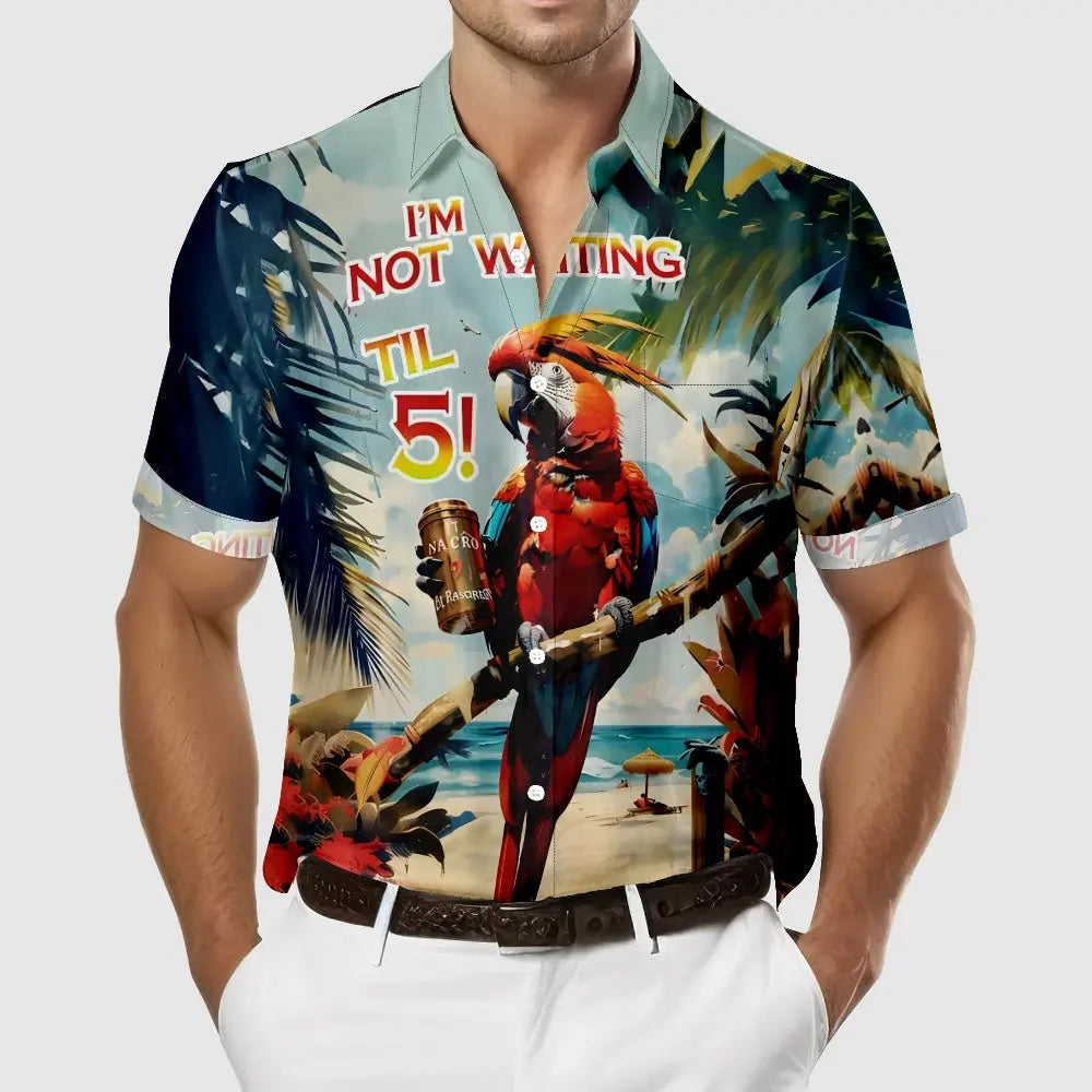 Men's Retro Pearched Parrot Vacation Palm Trees Drink Short Sleeve ShirtMens short sleeve shirts Big and tall Mens shirts Short sleeve shirts for men Mens 4xl shirts Casual short sleeve shirts