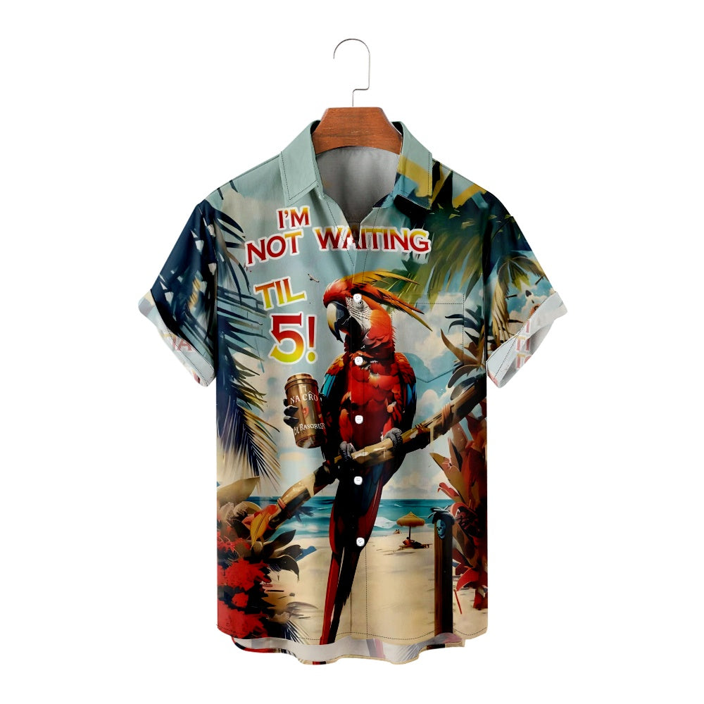 Men's Retro Pearched Parrot Vacation Palm Trees Drink Short Sleeve ShirtMens short sleeve shirts Big and tall Mens shirts Short sleeve shirts for men Mens 4xl shirts Casual short sleeve shirts