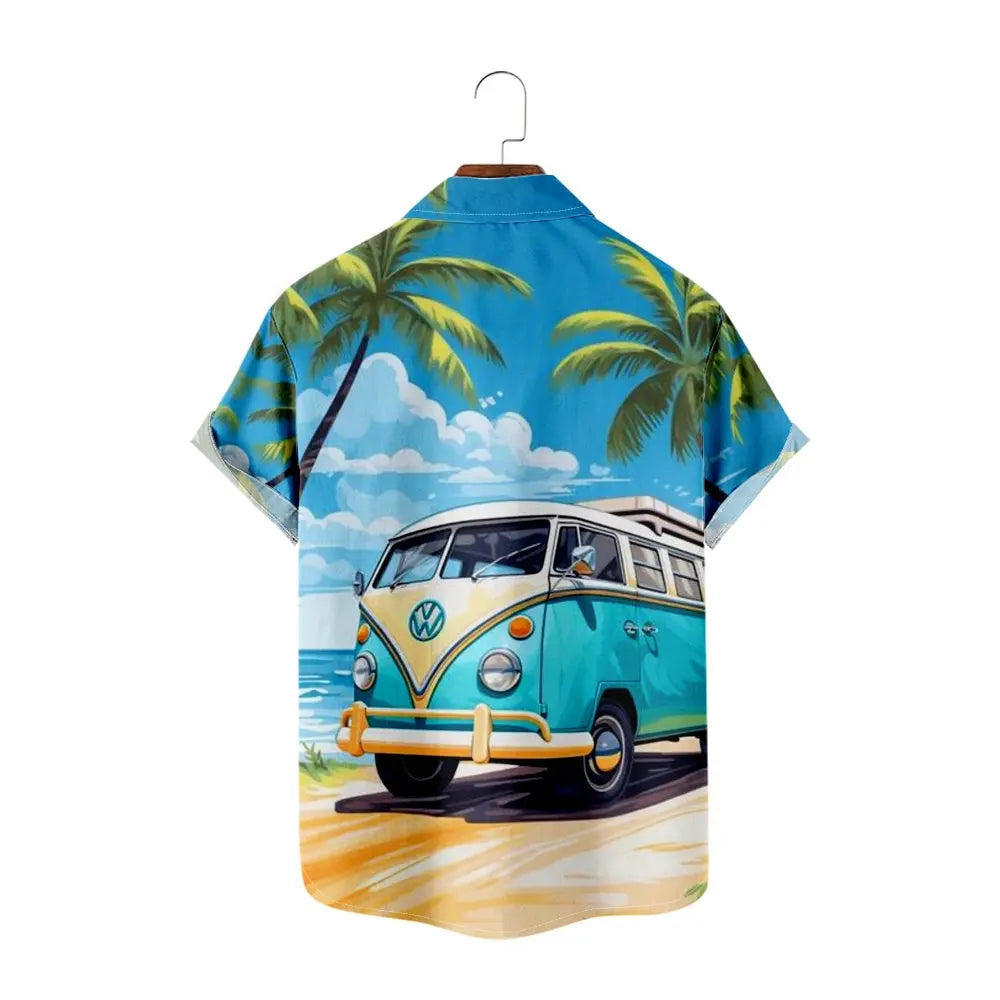 Men's Retro VW Minibus Parrot Vacation Palm Trees Beach Drink Short Sleeve ShirtMens short sleeve shirts Big and tall Mens shirts Short sleeve shirts for men Mens 4xl shirts Casual short sleeve shirts
