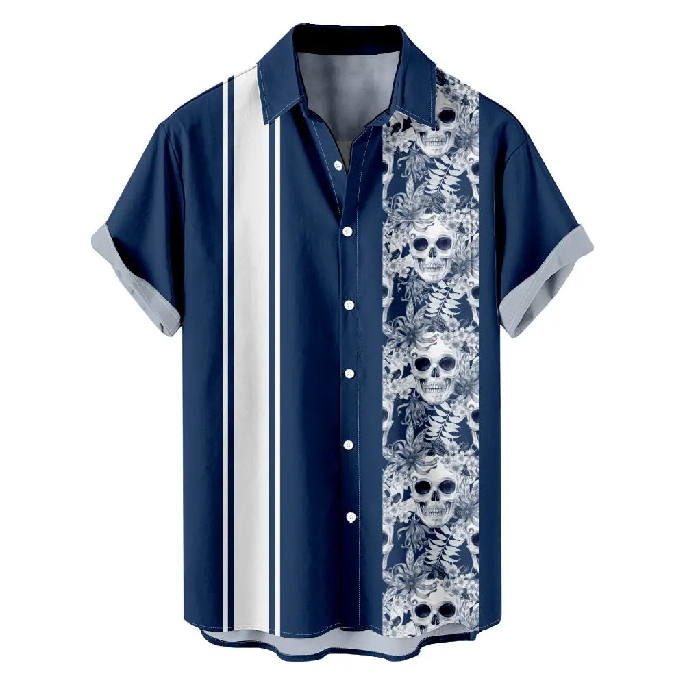 Men's Striped with Floral Skulls Short Sleeve Casual Shirt ElevenOasis