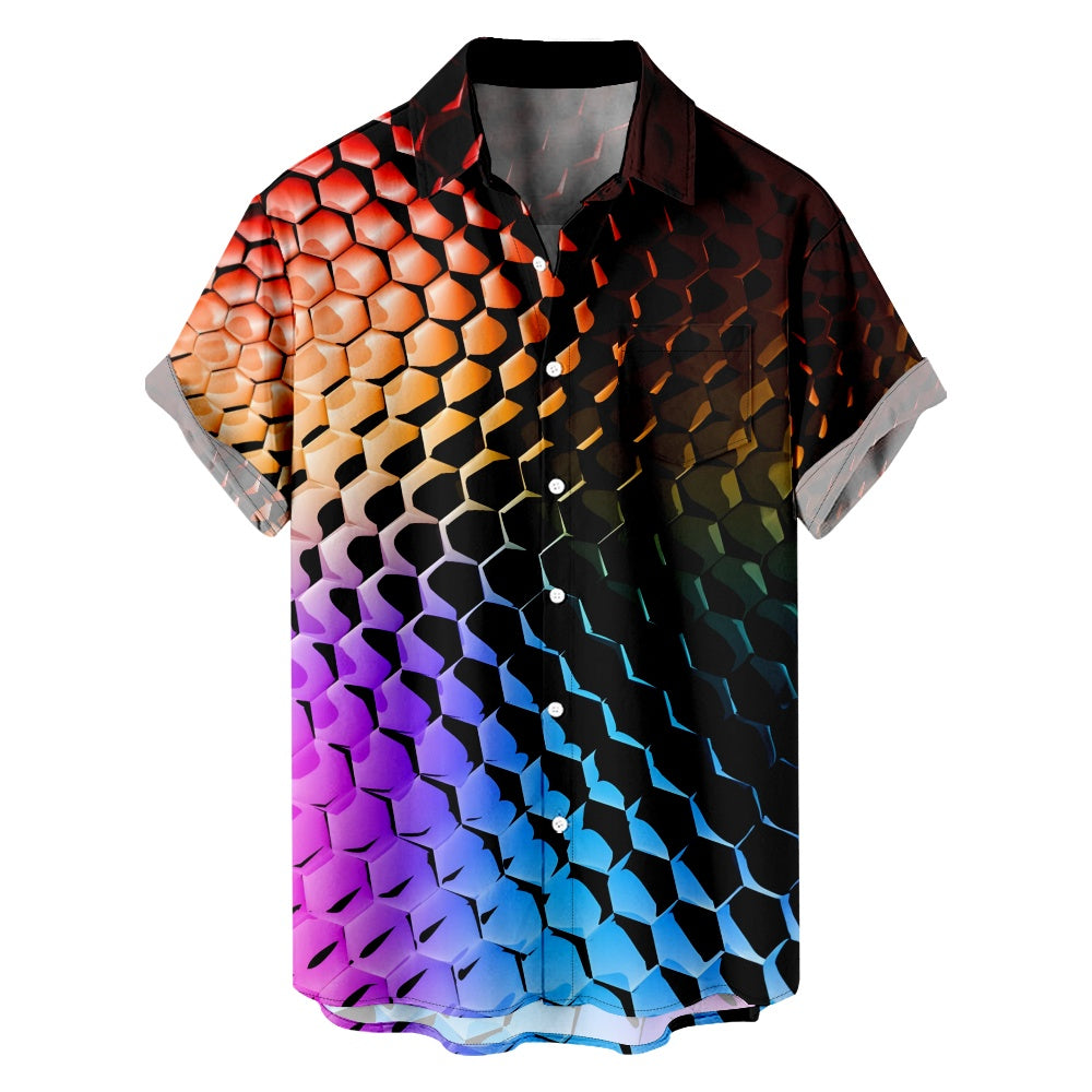 Men's Colorful Chrome Hexagon Pattern Short Sleeve Shirt with Chest Po