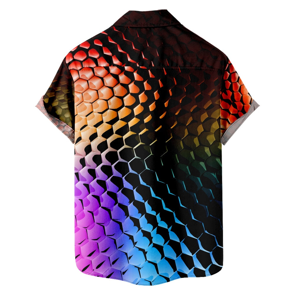 Men's Colorful Chrome Hexagon Pattern Short Sleeve Shirt with Chest Po
