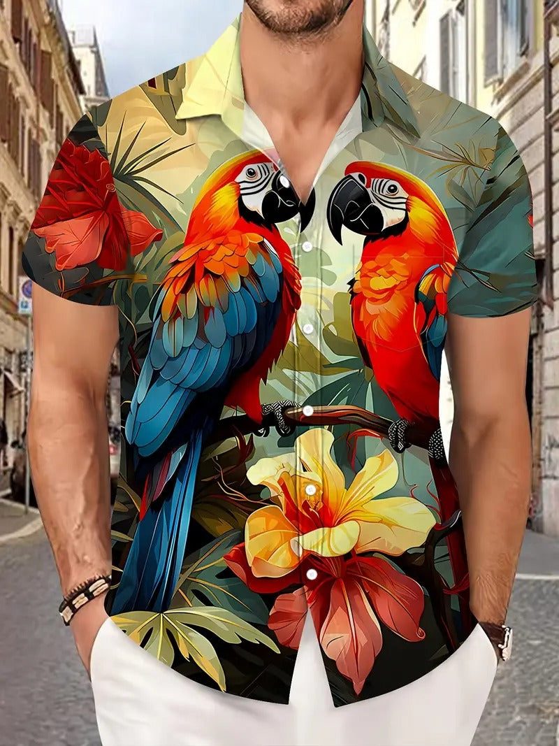 Men's Parrot Paradise Hawaiian Short Sleeve Shirt ElevenOasis
