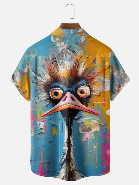 Men's Oil Paint Ostrich Art Short Sleeve Shirt Eleven Oasis
