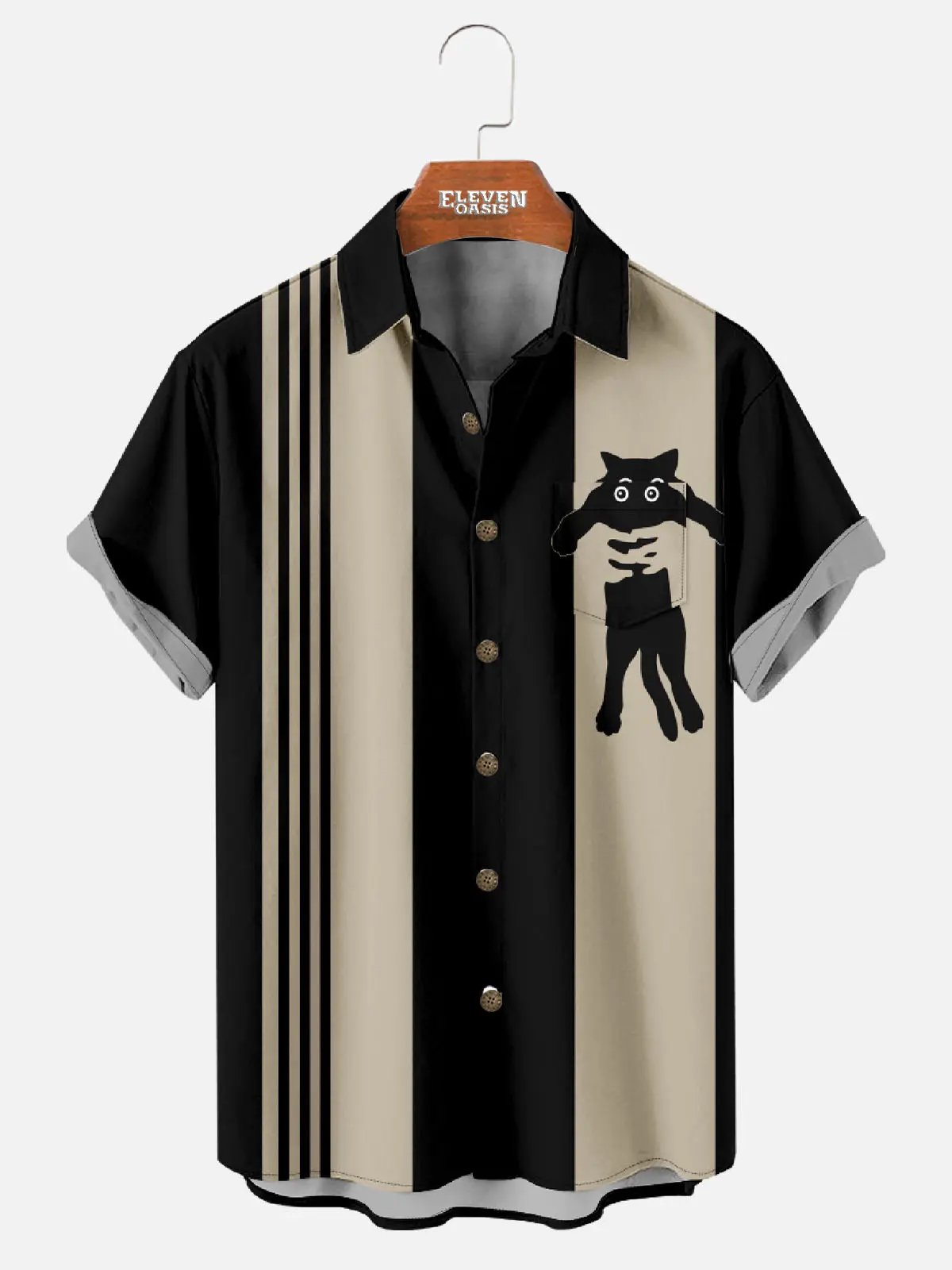 Tall Men's Black Cat Bowling Shirt with Chest Pocket Eleven Oasis