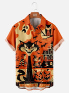 Men's Halloween Trick or Treat Cat Ghost Pumpkin Short Sleeve ShirtMens short sleeve shirts Big and tall Mens shirts Short sleeve shirts for men Mens 4xl shirts Casual short sleeve shirts