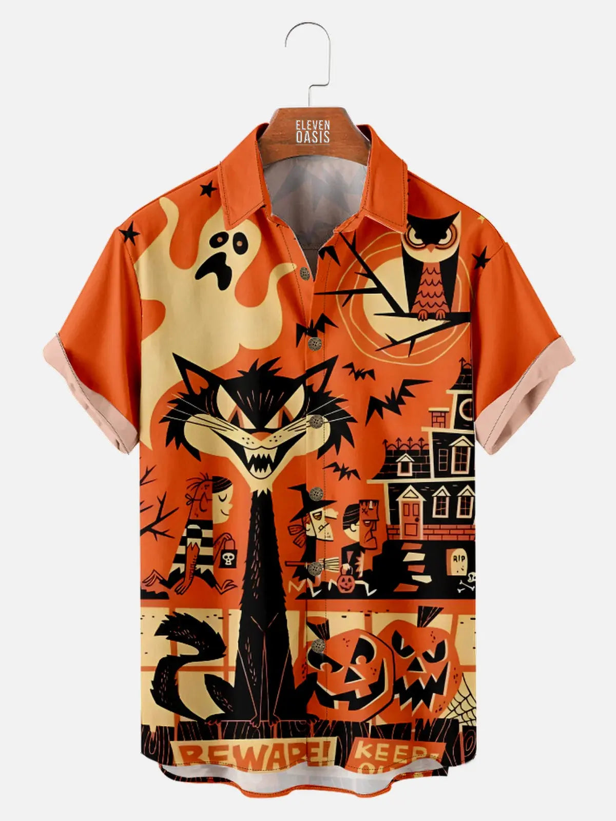 Men's Halloween Trick or Treat Cat Ghost Pumpkin Short Sleeve ShirtMens short sleeve shirts Big and tall Mens shirts Short sleeve shirts for men Mens 4xl shirts Casual short sleeve shirts