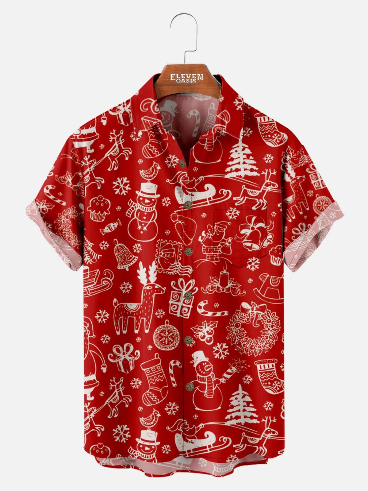 Men's Red Christmas Doodle Print Short Sleeve Shirt Eleven Oasis