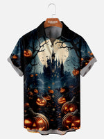 Men's Haunted Castle Jack-o-Lanterns Short Sleeve Shirt ElevenOasis