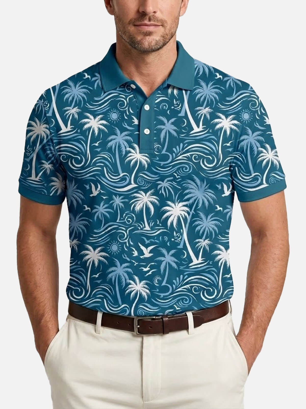 Men's Tropical Island Scene Short Sleeve Polo Shirt Eleven Oasis